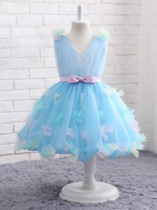 Custom Designed Baby Blue Sleeveless Knee Length Appliques and Hand Made Flower Zipper Winning Pageant Gowns