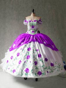 Eye-catching Floor Length White And Purple Quince Ball Gowns Off The Shoulder Cap Sleeves Lace Up