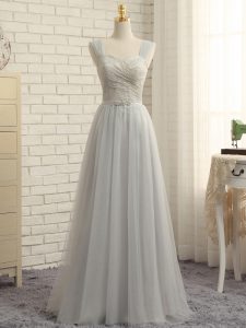 Straps Sleeveless Sweep Train Zipper Dama Dress Grey Tulle