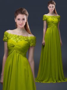 Floor Length Olive Green Mother Of The Bride Dress Off The Shoulder Short Sleeves Lace Up
