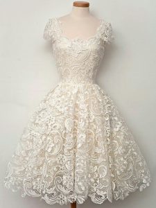 Champagne Lace Up Quinceanera Court of Honor Dress Lace Cap Sleeves Knee Length