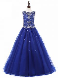 Royal Blue Kids Formal Wear Wedding Party with Beading Scoop Sleeveless Lace Up
