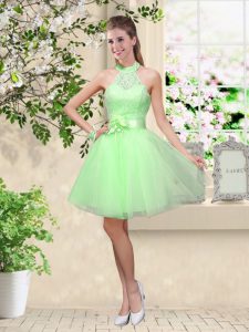 Halter Top Lace Up Lace and Belt Quinceanera Court of Honor Dress Sleeveless