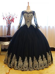 Navy Blue Long Sleeves Floor Length Appliques Lace Up 15th Birthday Dress