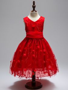 Luxurious High Low Wine Red Pageant Dress Wholesale Tulle Sleeveless Appliques