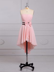 Pretty Ruching and Bowknot Dama Dress Baby Pink Lace Up Sleeveless High Low