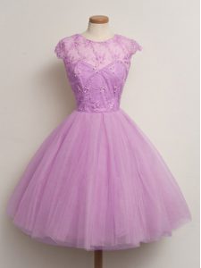 Dazzling Tulle Cap Sleeves Knee Length Quinceanera Dama Dress and Lace