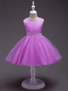 Beauteous Sleeveless Knee Length Beading Zipper Pageant Dress Womens with Lilac