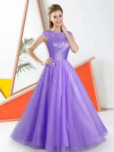 Lavender Tulle Backless Bateau Sleeveless Floor Length Damas Dress Beading and Lace