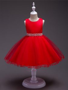 Sleeveless Organza Knee Length Zipper Glitz Pageant Dress in Red with Beading