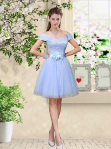 Lavender Cap Sleeves Lace and Belt Knee Length Court Dresses for Sweet 16