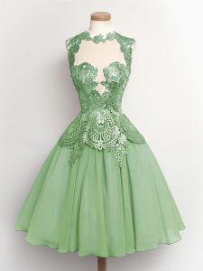 Green A-line High-neck Sleeveless Chiffon Knee Length Lace Up Lace Quinceanera Court Dresses