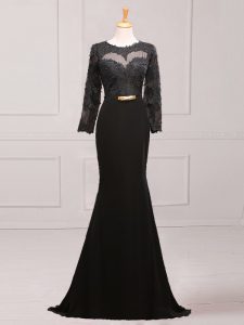 Beauteous Chiffon Scoop Long Sleeves Brush Train Side Zipper Lace and Appliques and Belt Mother of the Bride Dress in Black