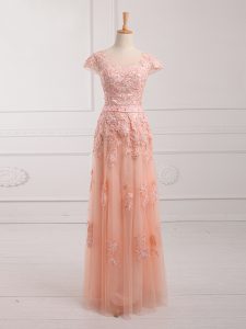 Hot Selling Floor Length Peach Mother Of The Bride Dress Scoop Cap Sleeves Lace Up