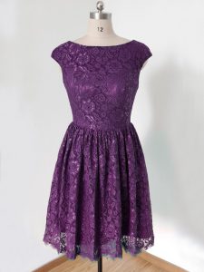 Sleeveless Lace Knee Length Lace Up Dama Dress for Quinceanera in Dark Purple with Lace