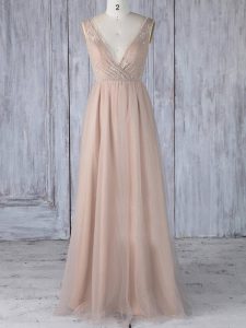 Best Selling Tulle V-neck Sleeveless Zipper Lace Quinceanera Court of Honor Dress in Peach