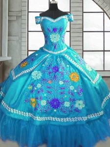 New Style Sweetheart Short Sleeves Lace Up Quinceanera Gowns Teal Taffeta