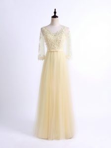 Elegant Floor Length Light Yellow Quinceanera Court Dresses V-neck Half Sleeves Lace Up