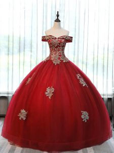 Dynamic Tulle Off The Shoulder Sleeveless Lace Up Beading and Appliques Sweet 16 Quinceanera Dress in Wine Red