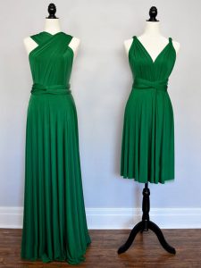 Flirting Floor Length Lace Up Vestidos de Damas Dark Green for Prom and Party and Wedding Party with Ruching