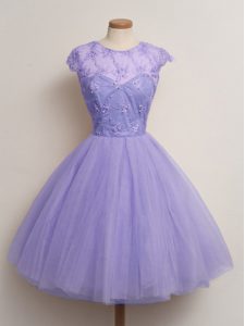 Lavender Cap Sleeves Tulle Lace Up Quinceanera Court Dresses for Prom and Party and Wedding Party