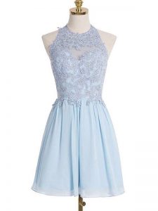 Customized Light Blue Empire Appliques Dama Dress for Quinceanera Lace Up Chiffon Sleeveless Knee Length