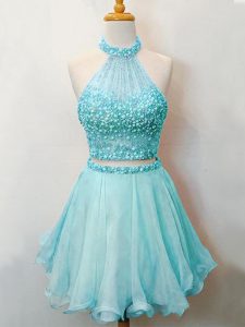 Halter Top Sleeveless Lace Up Vestidos de Damas Aqua Blue Organza