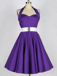 Stunning Purple A-line Taffeta Halter Top Sleeveless Ruching Knee Length Zipper Quinceanera Dama Dress