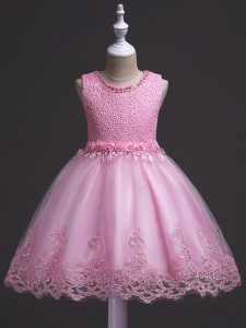 Ball Gowns Pageant Dress for Womens Rose Pink Scoop Tulle Sleeveless Knee Length Zipper