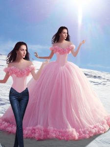 Comfortable Brush Train Ball Gowns Quinceanera Gowns Baby Pink Off The Shoulder Tulle Sleeveless Lace Up
