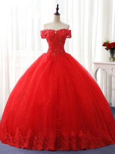 Red Ball Gowns Tulle Off The Shoulder Sleeveless Beading and Ruffles Floor Length Lace Up Quinceanera Gown