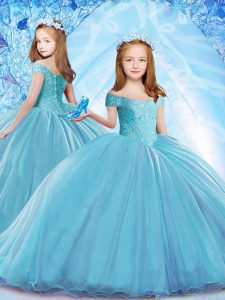 Baby Blue Cap Sleeves Brush Train Beading Little Girl Pageant Gowns