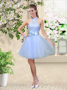New Style Tulle Halter Top Sleeveless Lace Up Lace and Belt Dama Dress in Lavender