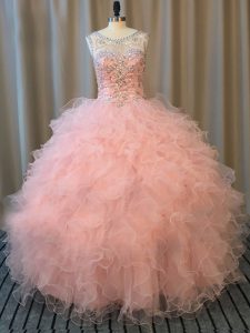 Luxurious Pink Tulle Lace Up Scoop Sleeveless Floor Length Quinceanera Gown Beading and Ruffles