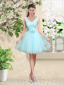 Aqua Blue V-neck Lace Up Lace and Belt Vestidos de Damas Sleeveless