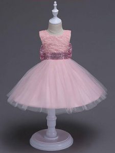 Baby Pink Tulle Zipper Pageant Dress Wholesale Sleeveless Knee Length Lace and Bowknot