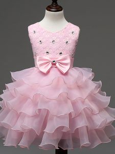 Eye-catching Sleeveless Knee Length Lace and Ruffled Layers and Bowknot Zipper Little Girls Pageant Gowns with Baby Pink