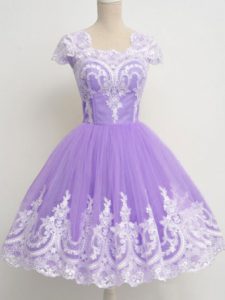 Lavender Tulle Zipper Quinceanera Court of Honor Dress Sleeveless Knee Length Lace