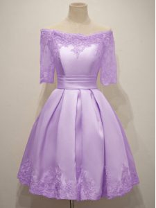 Exceptional Lavender Off The Shoulder Neckline Lace Quinceanera Court of Honor Dress Short Sleeves Lace Up