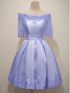 Artistic Lavender Court Dresses for Sweet 16 Prom and Party and Wedding Party with Lace Off The Shoulder Half Sleeves Lace Up