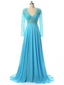 Chic Baby Blue Empire Chiffon V-neck Long Sleeves Beading Zipper Mother Of The Bride Dress Brush Train