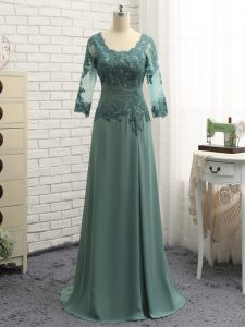 Green Long Sleeves Floor Length Lace and Appliques and Ruching Zipper Mother Dresses