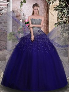 Fabulous Royal Blue Lace Up Strapless Beading Sweet 16 Dresses Tulle Sleeveless