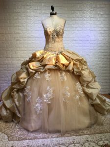 Gold Sweetheart Neckline Beading and Appliques and Pick Ups Sweet 16 Quinceanera Dress Sleeveless Lace Up