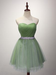 Custom Fit Sleeveless Mini Length Beading and Ruching Lace Up Quinceanera Court Dresses with Green