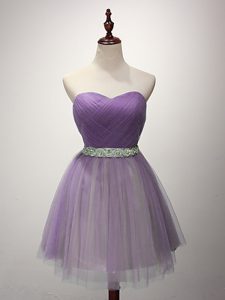 Attractive Tulle Sweetheart Sleeveless Lace Up Ruching Vestidos de Damas in Lavender