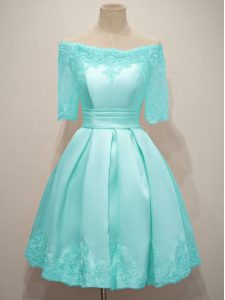 High Class Aqua Blue Taffeta Lace Up Off The Shoulder Half Sleeves Knee Length Damas Dress Lace