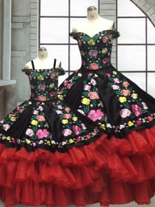 Sumptuous Organza and Taffeta Off The Shoulder Sleeveless Lace Up Embroidery and Ruffled Layers 15th Birthday Dress in Red And Black