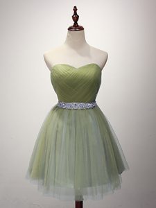Olive Green A-line Tulle Sweetheart Sleeveless Beading and Ruching Mini Length Lace Up Dama Dress for Quinceanera