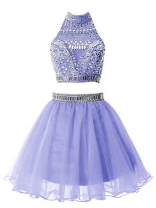 High-neck Sleeveless Dama Dress for Quinceanera Knee Length Beading Lavender Organza